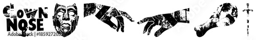 clown nose text mask hands dog bone sword
