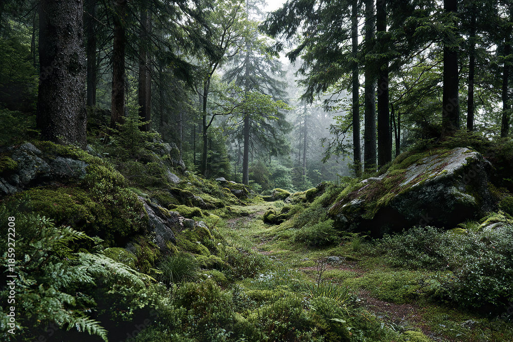 Obraz premium Moss forest path green canopy foggy atmosphere with rocks and ferns creating calming and peaceful natural environment in quiet woodland setting