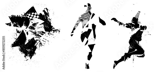 Abstract fragmented human figures in black and white vector art