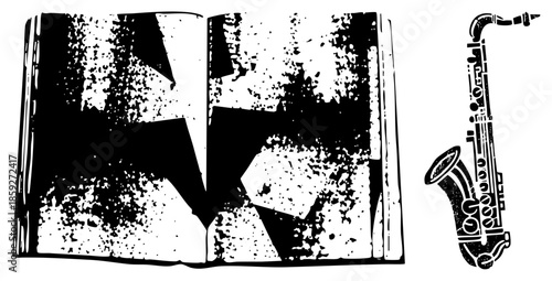 open book with abstract ink splatters and saxophone