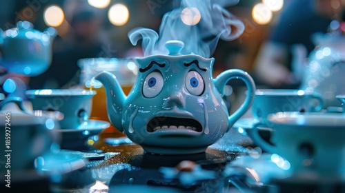 An animated teapot with a distressed expression releases steam while surrounded by tea cups, evoking quirky emotions and whimsy, set against a background filled with gentle bokeh lights.