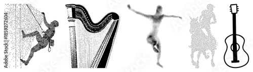 climber scaling rock wall harp dancer horseback rider guitar
