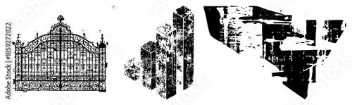 ornate iron gate vintage buildings abstract cityscape