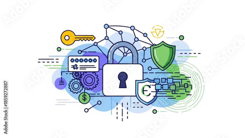 Digital security concept with padlock, shield, key, and various protection icons for online safety and data encryption