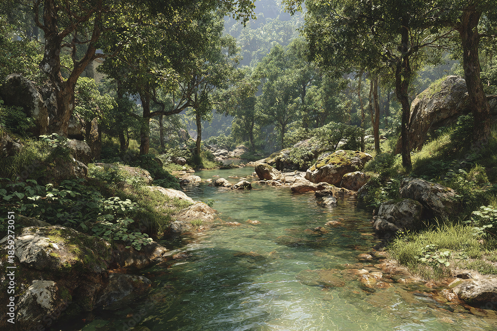 Naklejka premium Rainforest stream with clear freshwater flowing through dense green trees and mossy rocks under sunlight in peaceful natural ecosystem