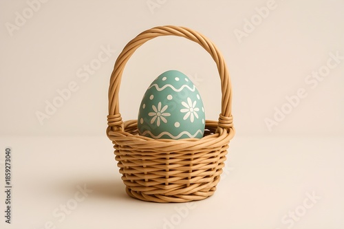 Easter egg nestled in a woven basket, set against a clean white background.

