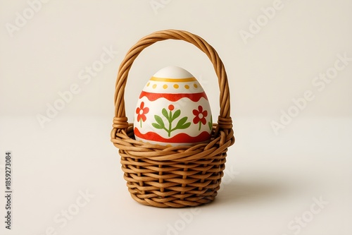 An Easter egg nestled in a wicker basket filled with straw.

