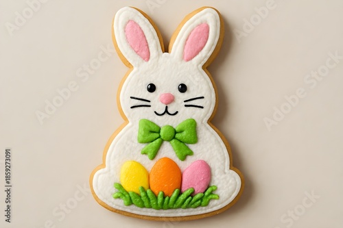 A decorated cookie featuring an Easter bunny sitting on green grass.