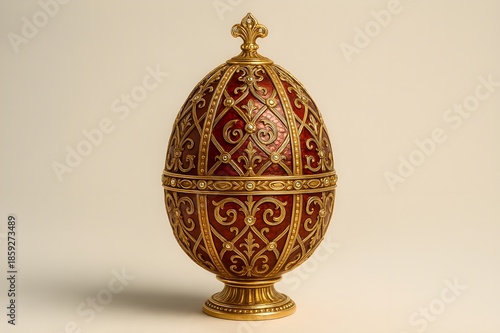 A gold and red egg featuring intricate designs, showcasing detailed patterns and vibrant colors