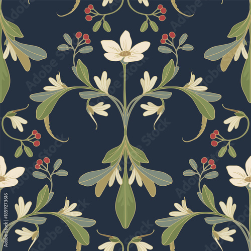 Plant with white flowers and red berries. Symmetrical pattern.