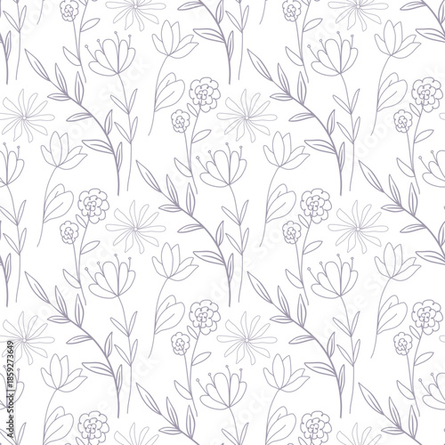 Delicate floral seamless pattern in cottagecore style. White background with silhouettes of wildflowers and herbs. Purple plant print for textiles, wallpaper, fabric, decor, vector graphic