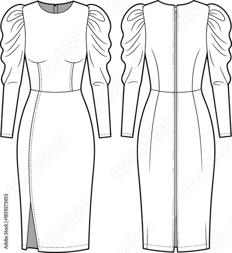 Cad drawing flat vector illustration, elegant long sleeve midi dress, puffed sleeves, side slit, fitted waist, back zipper, modern fashion design, women’s formal wear, stylish outfit