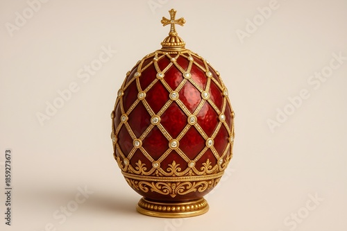 A red and gold egg adorned with a cross on top, symbolizing Easter or a religious celebration.

