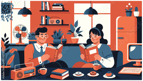 Bookcrossing concept. Happy people exchanging, borrowing and recommending paper books. Group of man and woman reading. Readers swap literature. Flat vector illustration isolated on white background