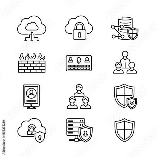 Cloud security outline icon set vector for cybersecurity and data protection