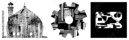 Three abstract vector mosque silhouette, gear cog, stylized face