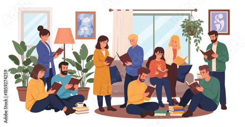 Bookcrossing concept. Happy people exchanging, borrowing and recommending paper books