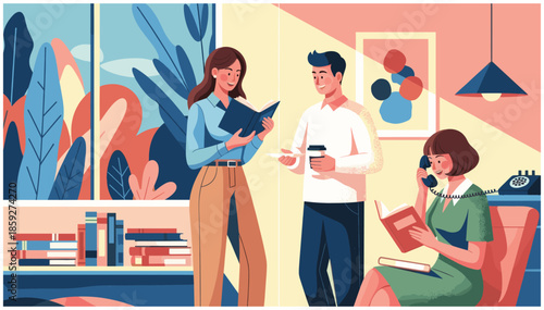 Bookcrossing concept. Happy people exchanging, borrowing and recommending paper books