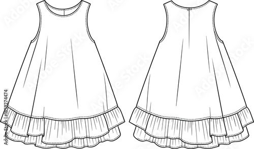 Cad drawing flat vector illustration, girls sleeveless dress, layered ruffle hem, casual summer outfit, lightweight cotton fabric, stylish kids clothing, toddler 