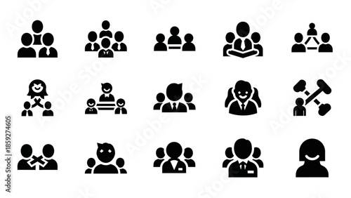 Collection of diverse icons representing people in various group formations and interactions, illustrating teamwork, leadership, and social dynamics.