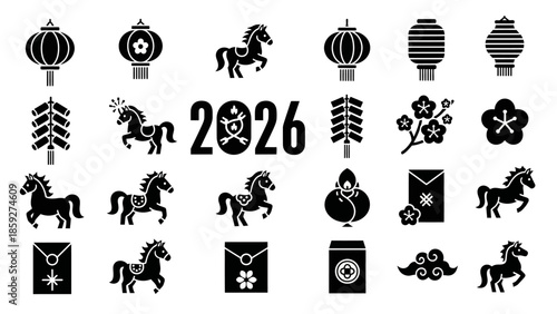 A collection of black Chinese New Year icons and symbols, including horses, lanterns, firecrackers, and the year 2026, presented in a grid layout.