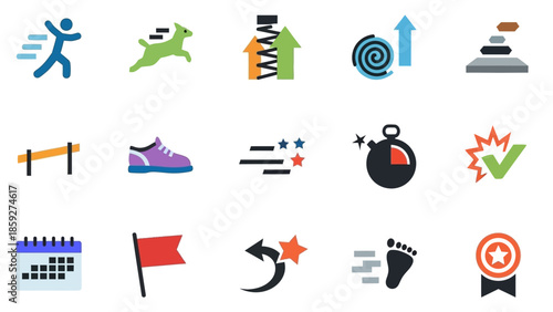Collection of flat icons representing sports, fitness, and achievement, including running, jumping, and timing elements.