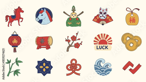 A collection of colorful Japanese cultural icons and symbols, including animals, traditional objects, and auspicious motifs, presented in a flat design style.