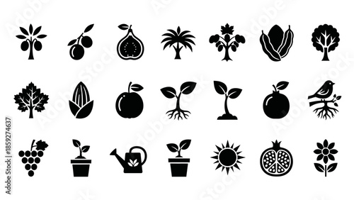 A collection of 24 black and white icons representing various plants, fruits, vegetables, and gardening tools, arranged in a grid.