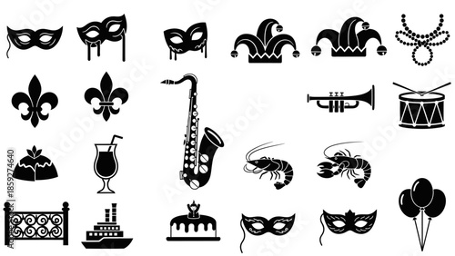 A collection of black and white icons representing Mardi Gras and carnival themes, including masks, jester hats, musical instruments, and festive food items.