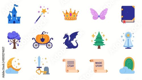 A collection of whimsical fantasy icons including a castle, magic wand, crown, fairy wings, and a dragon.