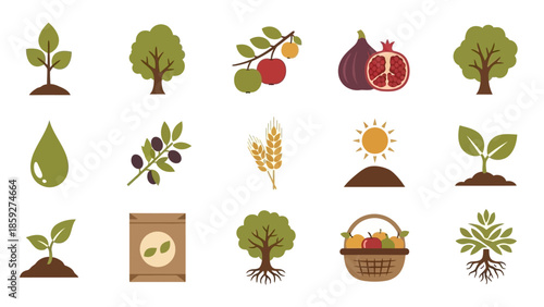 A collection of flat design icons representing various aspects of agriculture, including plants, fruits, farming tools, and natural elements like water and sun.