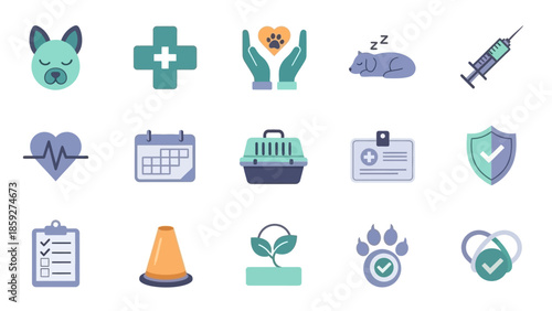 Collection of flat design icons representing various aspects of pet care, veterinary medicine, animal health, and welfare services.