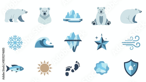 Collection of Arctic and winter-themed icons including polar bears, icebergs, snowflakes, waves, a fish, the sun, footprints, and a shield.