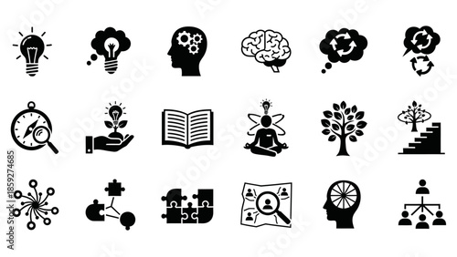 A collection of black and white icons representing concepts of ideas, learning, growth, strategy, and teamwork.