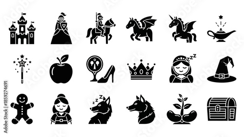 A collection of black and white silhouette icons representing classic fairytale and fantasy elements, including castles, royalty, mythical creatures, and magical objects.