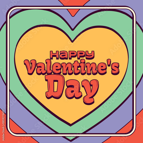 Retro multi-layered heart design for social media posts or greeting cards. Features concentric 70s-style hearts in yellow, green, and purple to celebrate Valentine's Day.