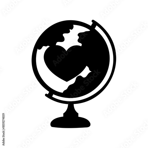 A globe with a heart shaped continent showing global love, affection