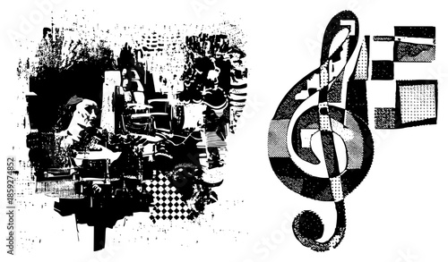 musician playing keyboard with abstract treble clef