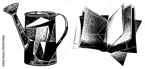 watering can and open book vector illustration