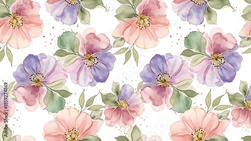 A delicate watercolor floral pattern featuring pink purple and lavender rose blooms with green leaves