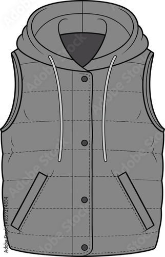 Cad drawing flat vector illustration, gray sleeveless puffer vest with hood, front buttons, drawstrings, casual outerwear, warm winter fashion, unisex clothing, modern style