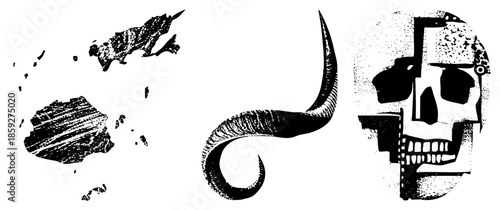 skull horn rock fragments black and white vector