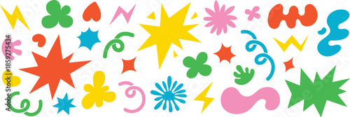 Colorful Geometric Shapes Fun Elements Set With Bright Abstract Figures Stars Lightning Bolt Circles Hearts Squiggles Isolated on Transparent Background Vector