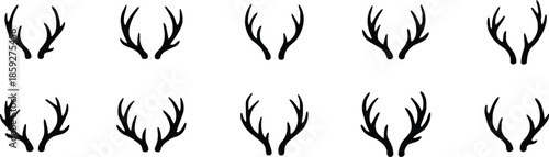 Deer Antlers Icon Set Branch Horns Wildlife Nature Stag Elk Reindeer Christmas Symbol Animal Decoration Trophy Hunting Wilderness Forest Mammal Head Silhouette Element Graphic