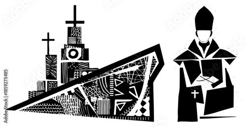 Church building and bishop figure abstract geometric black and white