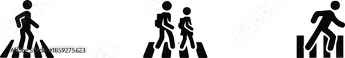 Series of Pedestrian Crossing Icon Depictions for Road Safety Awareness with People Walking on Zebra Crossing on Transparent Background Ideal for Street Signage