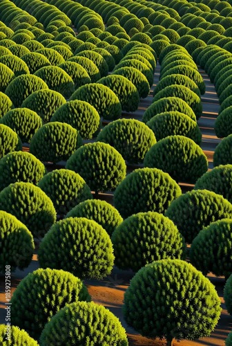Aerial View of Repeating Green Topiary Bushes in Geometric Garden Pattern
