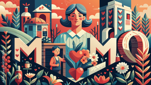 an illustration depicts a woman with a cityscape and floral elements creating a vibrant colorful and artistic composition with letterforms high quality professional detailed modern elegant
