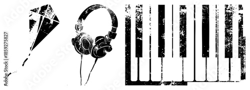 kite headphones piano keys black and white grunge vector