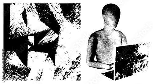 abstract geometric shapes and stylized human figure in halftone